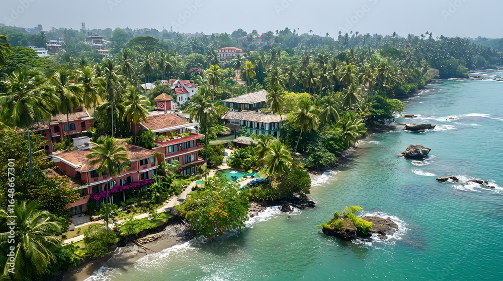 Fototapeta premium Tropical beachfront resort complex with lush vegetation.