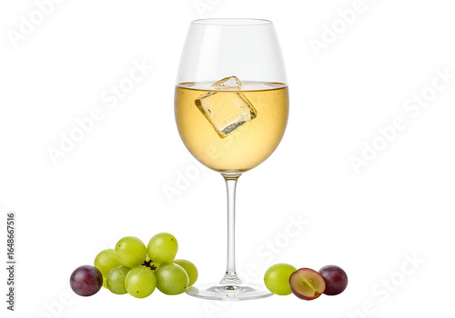 Elegant glass of white wine with ice cube surrounded by green and purple grapes against black
