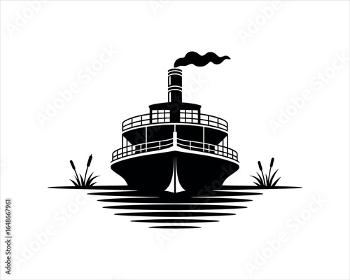 River Boat Silhouette EPS Template, Fishing Adventure Vector Illustration