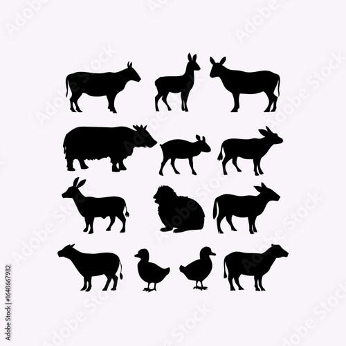 Collection of Black Silhouette Farm Animals and Birds