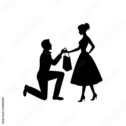 Man proposing to woman with shopping bag couple proposal