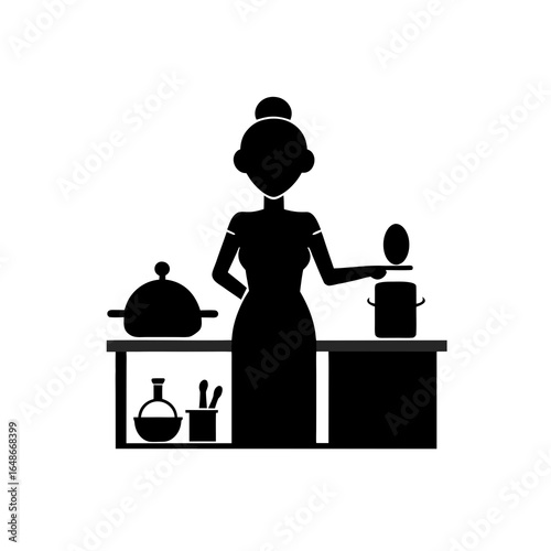 Silhouette of woman presenting food from kitchen counter