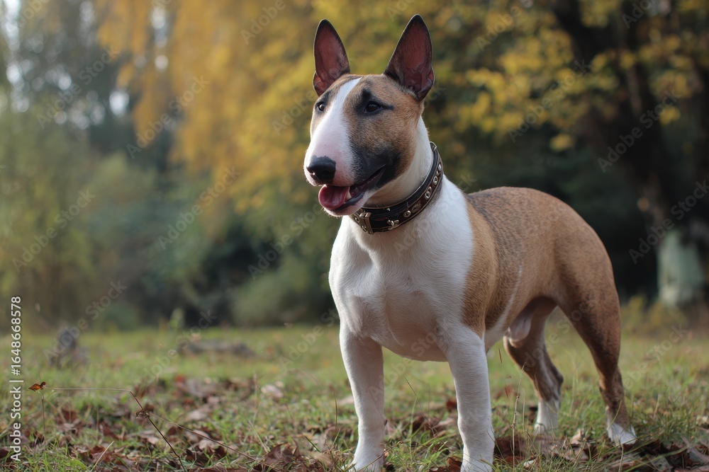 Charming English Bull Terrier Pooch Posing in the Park: A Cute Canine Portrait of a Playful Puppy Charming English Bull Terrier Pooch Posing in the Park: A Cute Canine Portrait of a Playful Puppy