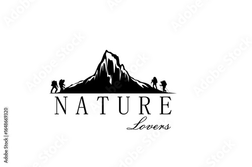 A man is climbing a mountain peak carrying a backpack and sticks, logo design illustration