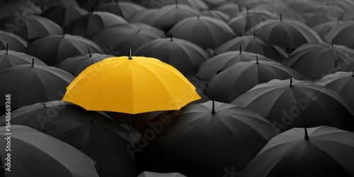 Out Of Place: A Bright Yellow Umbrella Stands Out Amidst a Sea of Black, Symbolizing Unique Leadership and Community Values in the Face of Prejudice