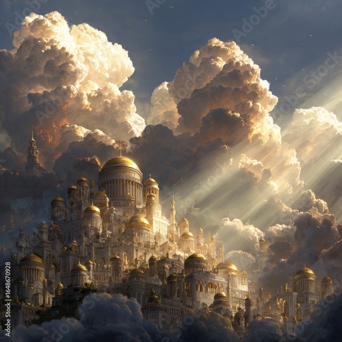 City of Gold, floating, clouds, sunbeams, fantasy