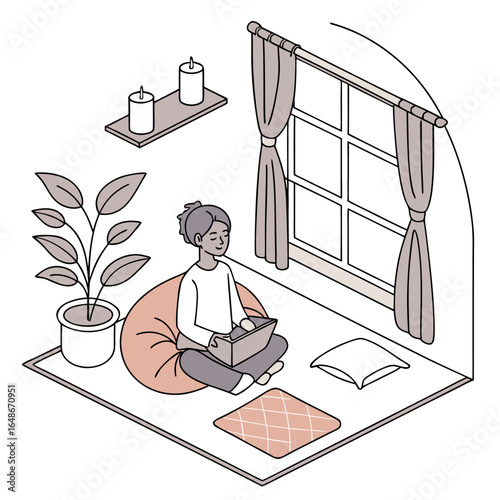 Illustration of a person sitting on a beanbag with a laptop in a cozy room with a window and plant