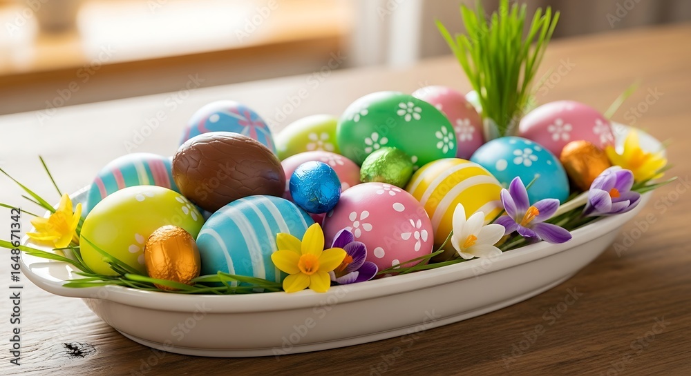 Fototapeta premium Festive easter celebration: A vibrant assortment of decorated eggs in a ceramic bowl