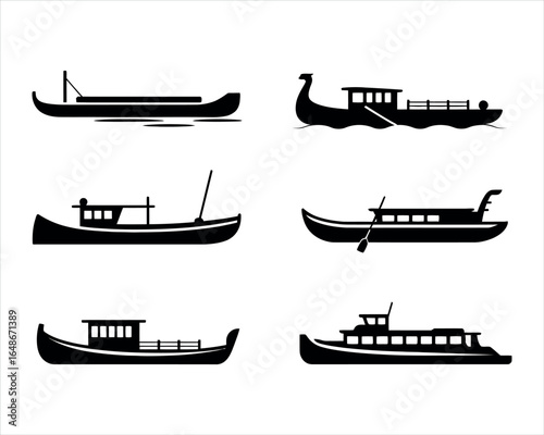 River Boat Silhouette Nautical Theme Isolated Set