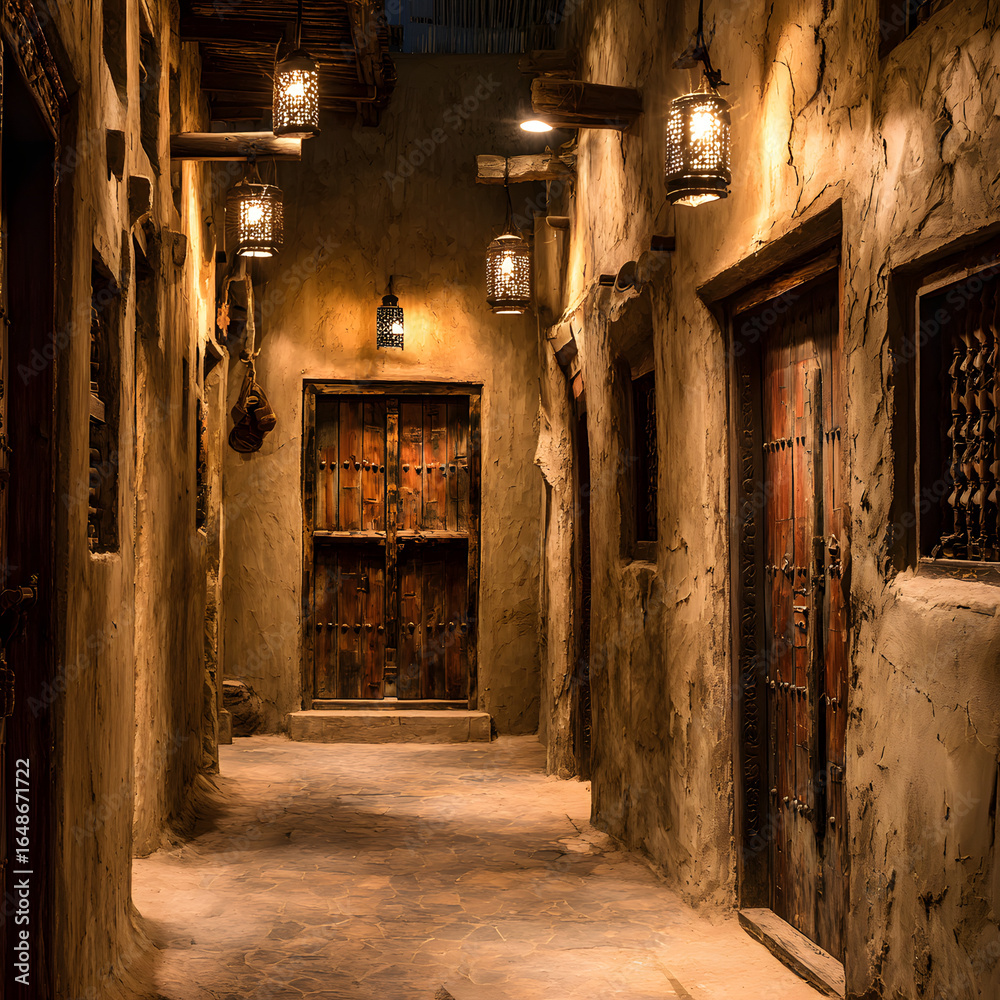 Fototapeta premium A narrow alleyway with textured walls and wooden doors is illuminated by hanging lanterns, creating a warm, inviting atmosphere. The stone floor leads towards the end.