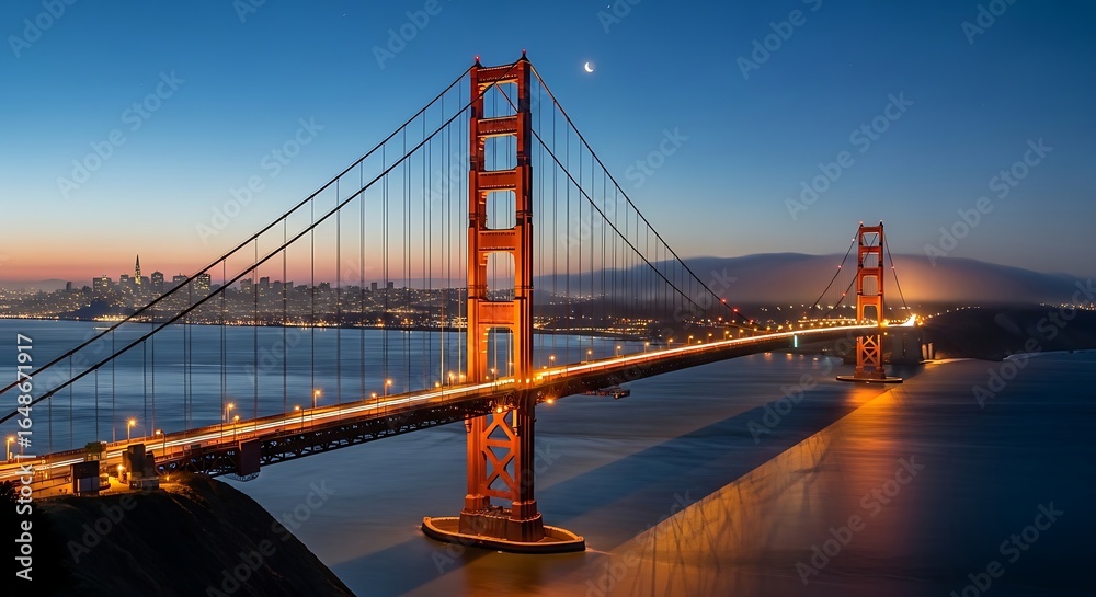 Fototapeta premium Golden Gate Bridge splendor captured at twilight, revealing vibrant city skyline