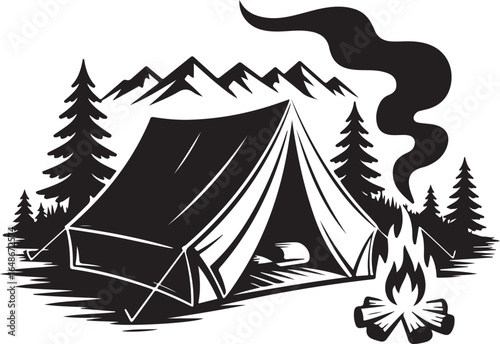 Cozy tent camp with campfire and mountain backdrop