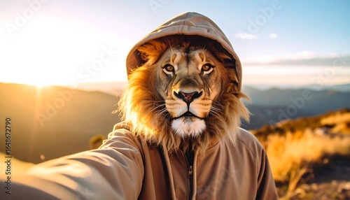 Lion-headed figure in hoodie takes a selfie at sunset overlooking a golden landscape