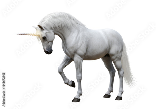 Elegant white unicorn standing with a black background showcasing mythical creature art