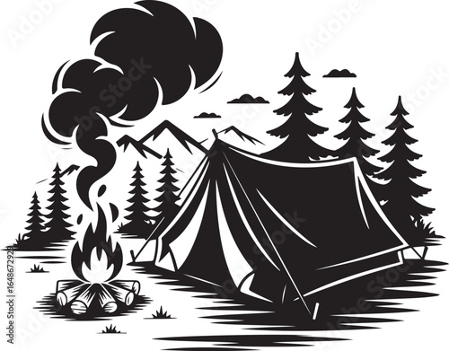 Cozy campfire and tent nestled among pine trees and mountains