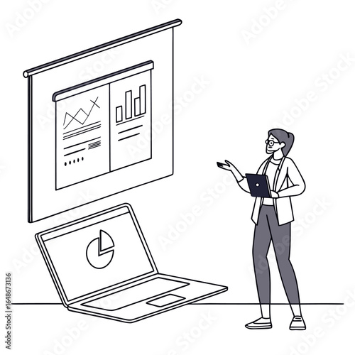 Woman presenting data on a screen with a laptop showing a pie chart in a presentation setting clearly