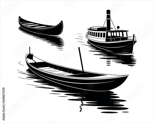 Simple River Boat Silhouette Collection Vector Template on White Background