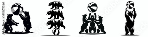 Bears balancing beach ball. Cartoon Animal Clipart Silhouette Vector Illustration Line Art Illustration. Furry creature playing with inflatable sphere at ocean shore for enjoyment.