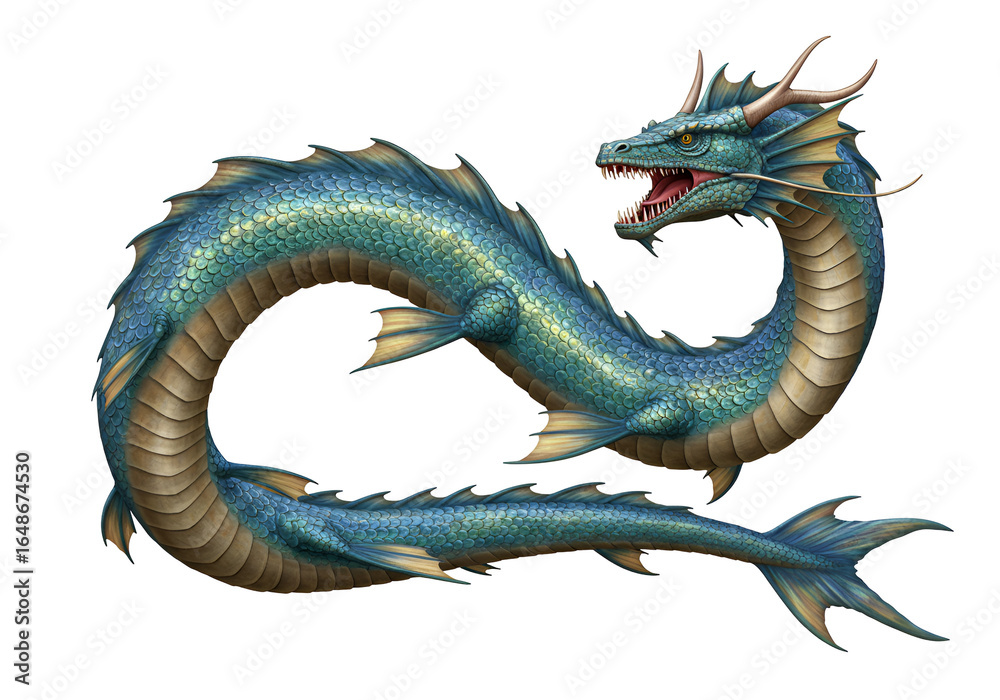 Fototapeta premium fantasy aquatic dragon with detailed blue and gold scales and menacing expression against black