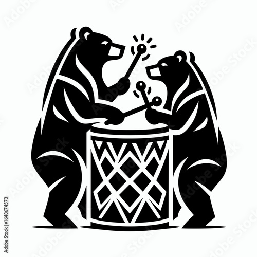 Bears drumming tribal beat. Cartoon Animal Clipart Silhouette Vector Illustration Line Art Illustration. Bruin beating primal rhythm folk music performance.