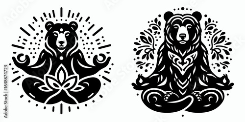 Bears meditating lotus pose. Cartoon Animal Clipart Silhouette Vector Illustration Line Art Illustration. Huge mammal in peaceful yoga posture zen likeness harmony.