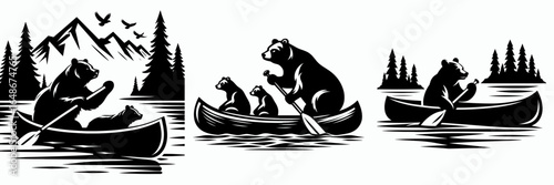 Bears paddling canoe lake. Cartoon Animal Clipart Silhouette Vector Illustration Line Art Illustration. Large creature using paddle boat on pond.