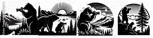 Bears photographing scenic view. Cartoon Animal Clipart Silhouette Vector Illustration Line Art Illustration. Wildlife capture vista furry creature taking picture of beautiful nature area.