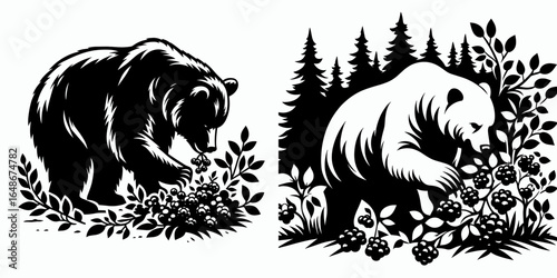 Bears picking berries bush. Cartoon Animal Clipart Silhouette Vector Illustration Line Art Illustration. Large foraging fruit from a shrub in nature wildlife eating food.