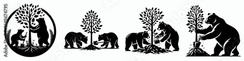Bears planting tree sapling. Cartoon Animal Clipart Silhouette Vector Illustration Line Art Illustration. Bruin putting small plant in ground for forest renewal project.