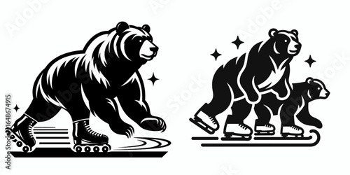 Bears roller skating rink. Cartoon Animal Clipart Silhouette Vector Illustration Line Art Illustration. Fun local ice playground family skate park for recreation and joy.