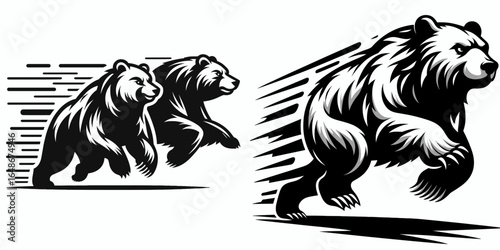 Bears running race. Cartoon Animal Clipart Silhouette Vector Illustration Line Art Illustration. Furry mammal sprint competition wildlife athletic contest with.