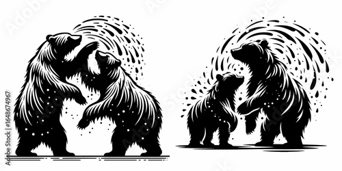 Bears shaking water off together. Cartoon Animal Clipart Silhouette Vector Illustration Line Art Illustration. Colossal animal group cleanse liquid removal motion blur fauna hydro purge.