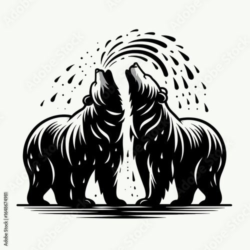 Bears shaking water off together. Cartoon Animal Clipart Silhouette Vector Illustration Line Art Illustration. Woodland mammal rinsing water partner behavior large wildlife grooming.