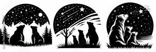 Bears stargazing night sky. Cartoon Animal Clipart Silhouette Vector Illustration Line Art Illustration. Furry mammal observe cosmic vista celestial body at dusk.