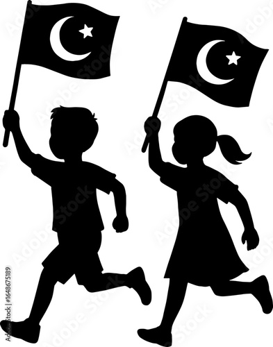 Boy and Girl Running with Pakistani Flags – 14 August Celebration Vector in black and white silhouette vector with white background 