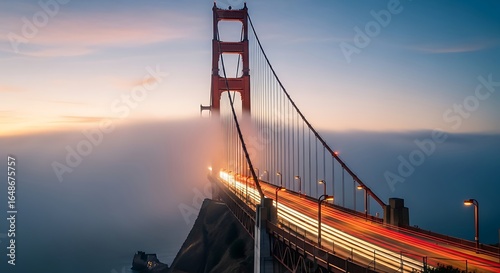 Foggy allure of the golden gate bridge at dusk with traffic light streaks