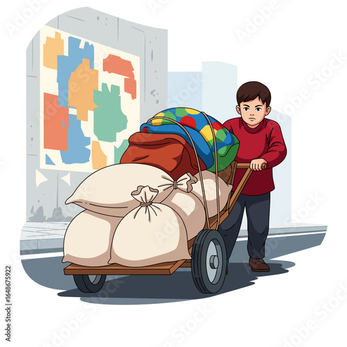 Young boy pushing a handcart full of large bags on a city street