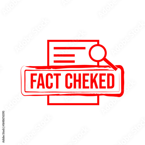 Red grungy fact checked stamp with paper and magnifying glass icon. 