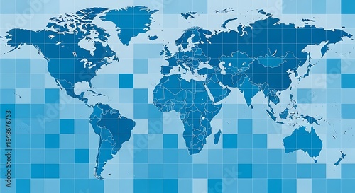 Graphical world map illustration with a pixelated blue grid backdrop for global themes