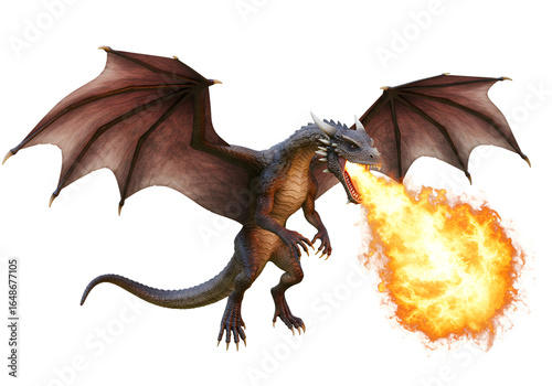 fantasy dragon breathing fire with detailed wings and fierce expression in a dark background