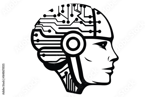 AI Robot Head Silhouette with Circuitry Design on White Background
