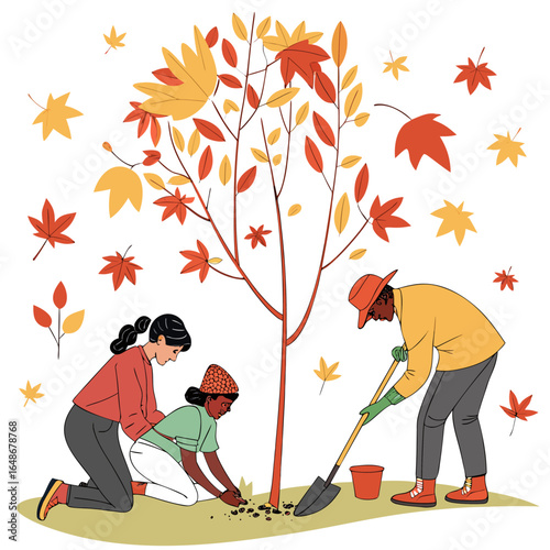 People planting a tree with autumn leaves around them and using a shovel to dig the hole in the ground