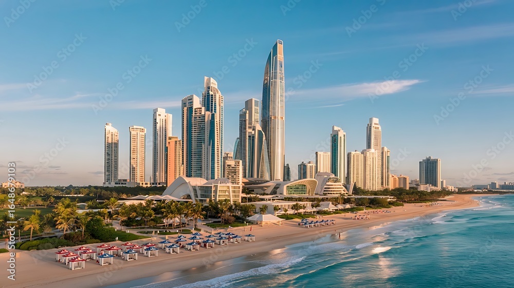 Obraz premium Aerial View of Luxury Beachfront Cityscape with Skyscrapers and Palm Trees