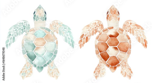 Two watercolor sea turtle illustrations, one teal/beige, the other peach/brown, with detailed patterned shells