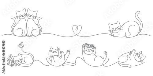 Adorable One-Line Drawing Cats: Playful, Romantic, and Serene Illustrations for Pet Lovers.