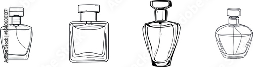 A minimalist one-line drawing of a perfume bottle stands out on its isolated white background