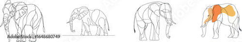 On a white background, an elephant is illustrated using a simple one-line drawing technique