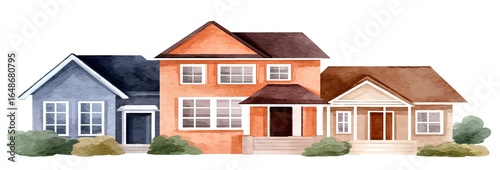Watercolor illustration of three houses in a row, featuring muted colors and landscaping