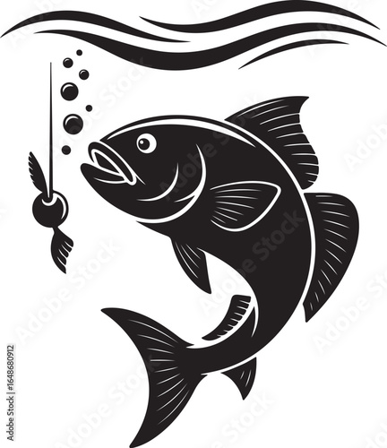 Fish bites bait underwater, fishing sport icon