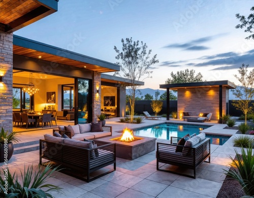 Cozy evening gathering around a fire pit in a modern backyard with a pool and comfortable seating